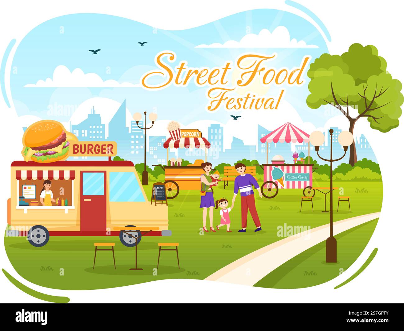 Street Food Festival Event Vector Illustration mit People and Foods Trucks im Summer Outdoor City Park in Flat Cartoon handgezeichnete Vorlagen Stock Vektor