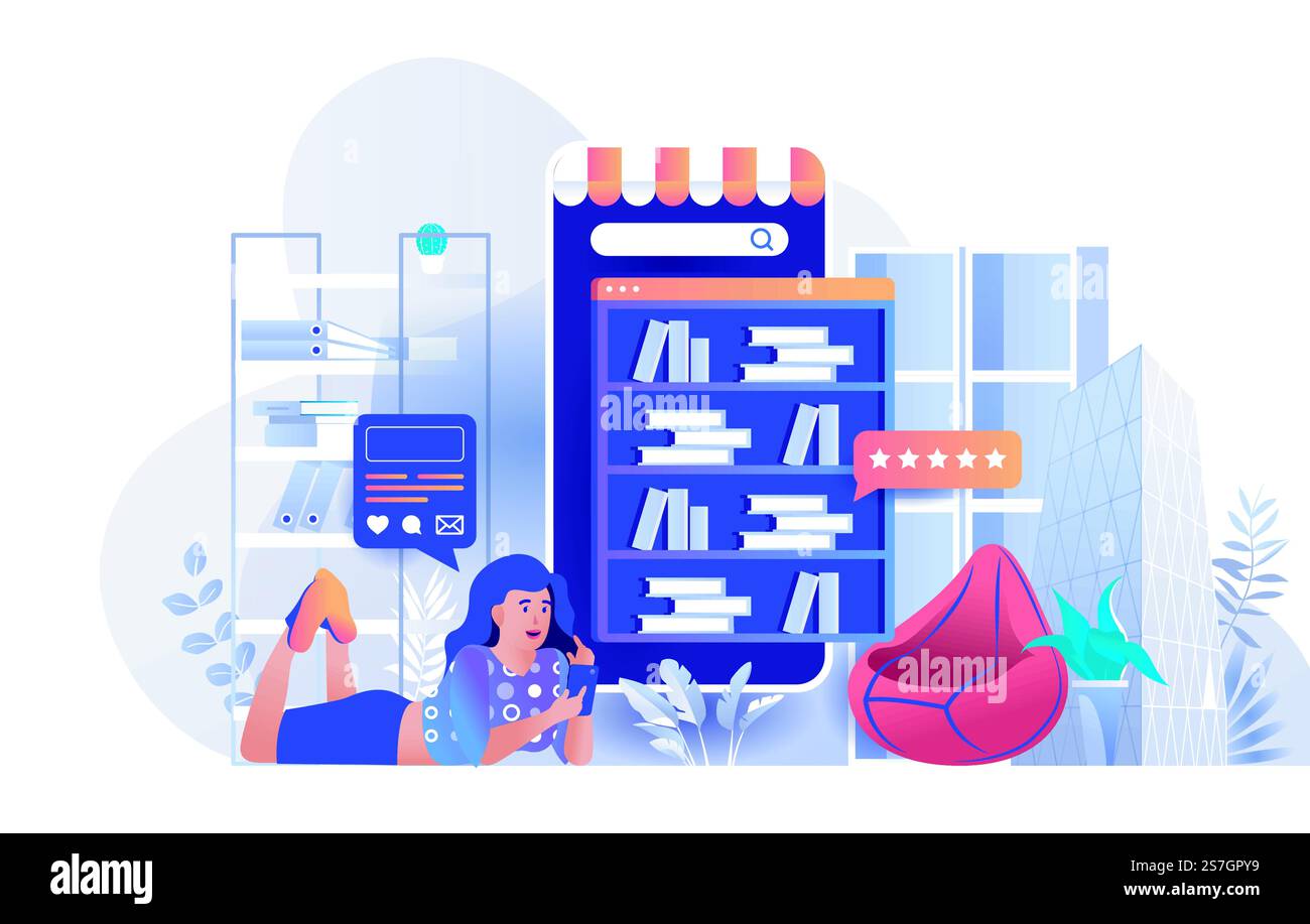 Online-Bibliothekskonzept in flacher Bauweise. Online-Shop für Bücherregale oder E-Books-Szenenvorlage. Frau liest vom Smartphone-Bildschirm, Bildung, Freizeit. Vektorillustration der Aktivitäten von Personen-Charakteren Stock Vektor