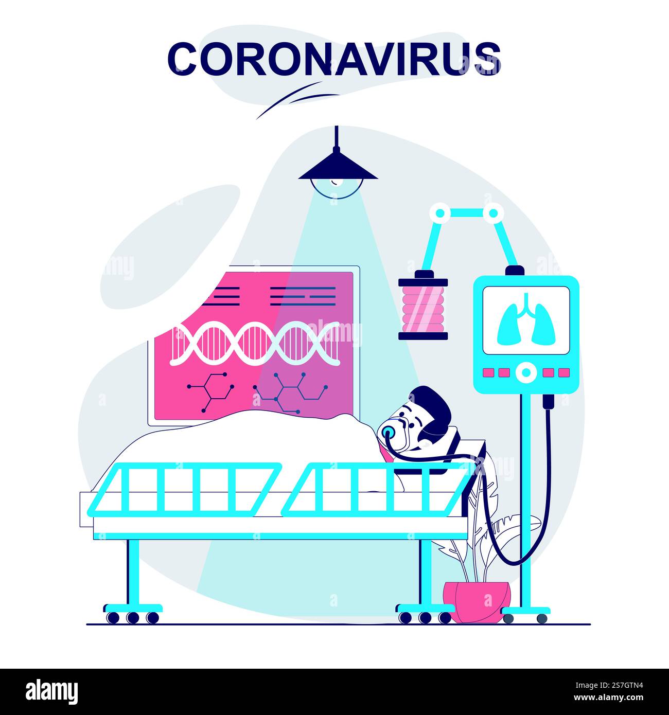 Coronavirus-isoliertes Karikaturkonzept. Patient liegt auf der Krankenhausstation mit ALV-Apparat, Personenszene in flacher Bauweise. Vektorillustration für Bloggen, Website, mobile App, mobile Website. Stock Vektor