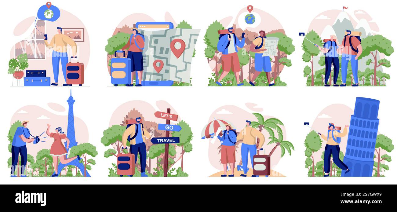 Reisender-Leute-Sammlung von Szenen isoliert. Reisende machen Urlaub, Wandern, Resort, Sightseeing in flachem Design. Vektorillustration für Bloggen, Website, mobile App, Werbematerial. Stock Vektor