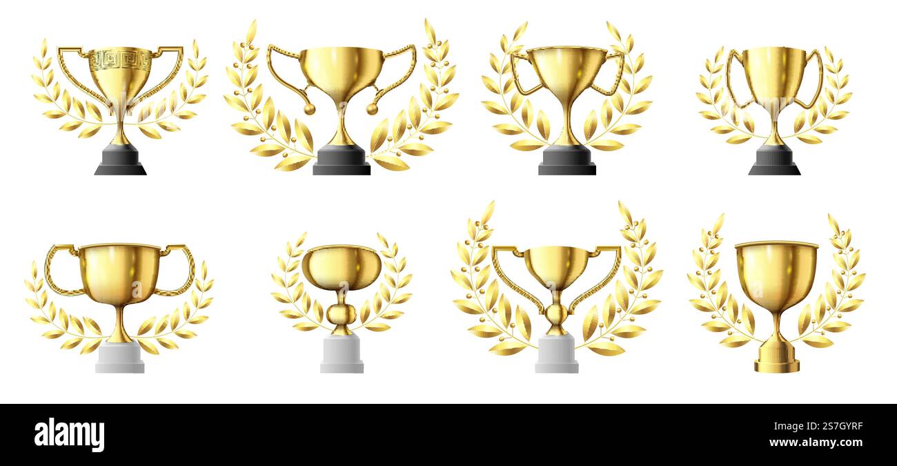 Goldene Trophäenbecher. Goldene Gewinner Trophäe mit Lorbeerkranz, Champion Cup realistische Vektor Illustration Set. Sammlung des Becherpreises mit Kurvenzweigkranz. Goldene Trophäenbecher. Goldene Gewinner Trophäe mit Lorbeerkranz, Champion Cup realistische Vektor Illustration Set Stock Vektor