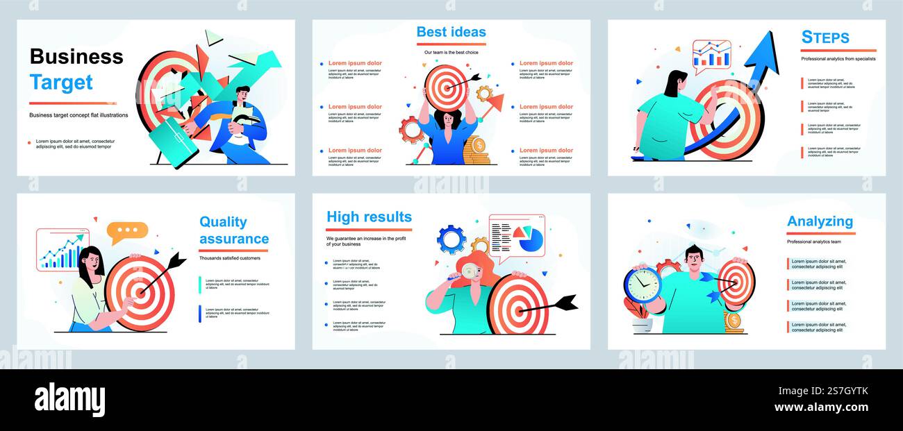 Geschäftsziel-Konzept für Präsentationsfolienvorlage. Geschäftsmann und Geschäftsfrau erreichen Ziele, erfolgreiches Unternehmen, Entwicklungsstrategie, Führung. Vektorabbildung für Layout-Design Stock Vektor