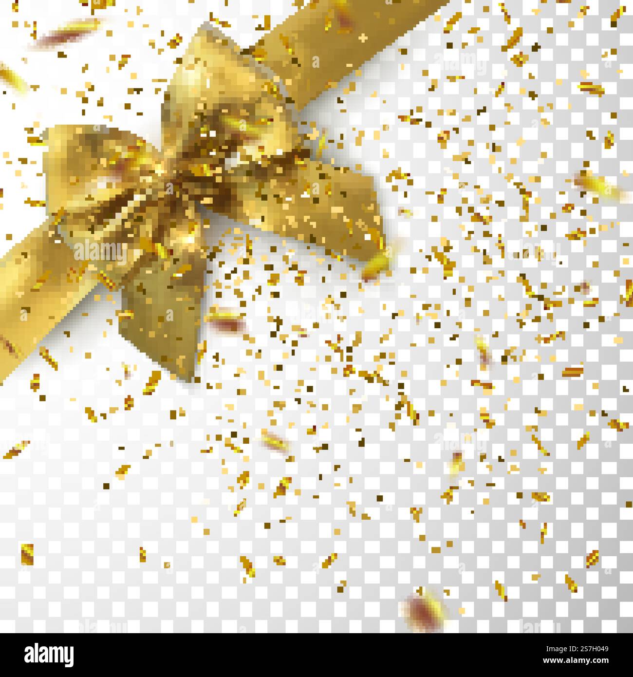Goldene Schleife und Band mit glitzernden Konfetti, isoliert auf kariertem transparentem Hintergrund Stock Vektor