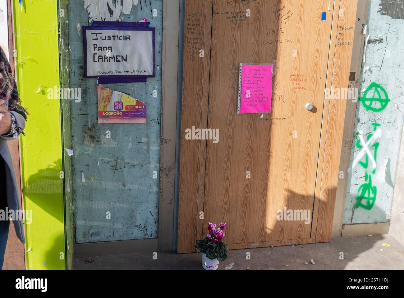 Logrono, La Rioja, Spanien. Januar 2025. Stille Konzentration vor der Regierungsdelegation in La Rioja, wo sich Hunderte von Bürgern versammelt haben, um ihre Abscheu gegen den bestätigten Frauenmord in einem Geldautomaten in Logroño zum Ausdruck zu bringen. Der Platz ist mit Menschen gefüllt, die Zeichen gegen männliche Gewalt tragen, während lokale Behörden, politische Vertreter und Mitglieder sozialer Organisationen die Handlung leiten. Quelle: MARIO MARTIJA/Alamy Live News Stockfoto