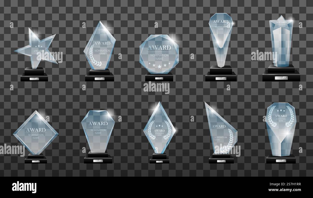 Siegertrophäe aus Glas. Trophy Award Für Glas. Preis für den ersten Platz, Kristallpreis und signierte Acryltrophäen... Glaspreis Stock Vektor