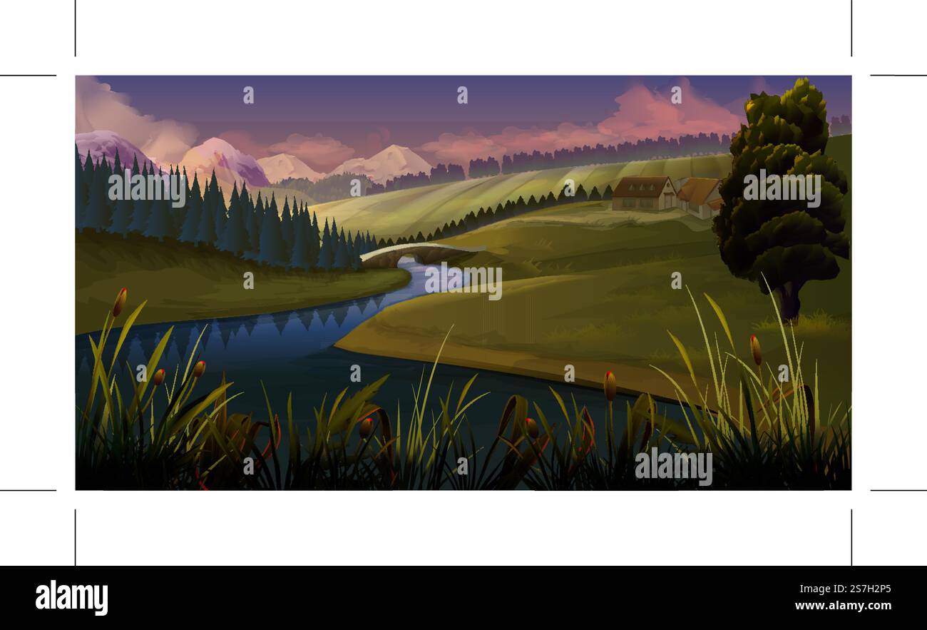 Natur, Landschaft Fluss Abend, Vektor-Hintergrund Stock Vektor
