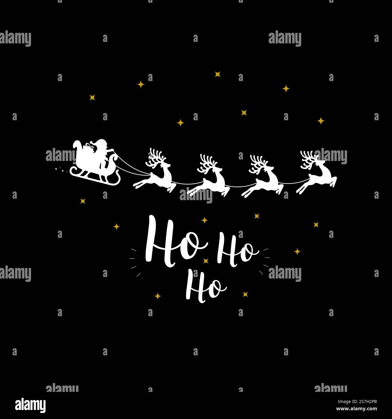 Ho Ho Ho weihnachtsgruß Text goldfarbener weihnachtsschlitten schwarzer Hintergrund Stock Vektor