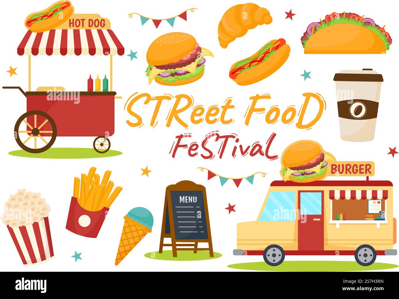 Street Food Festival Event Vector Illustration mit People and Foods Trucks im Summer Outdoor City Park in Flat Cartoon handgezeichnete Vorlagen Stock Vektor