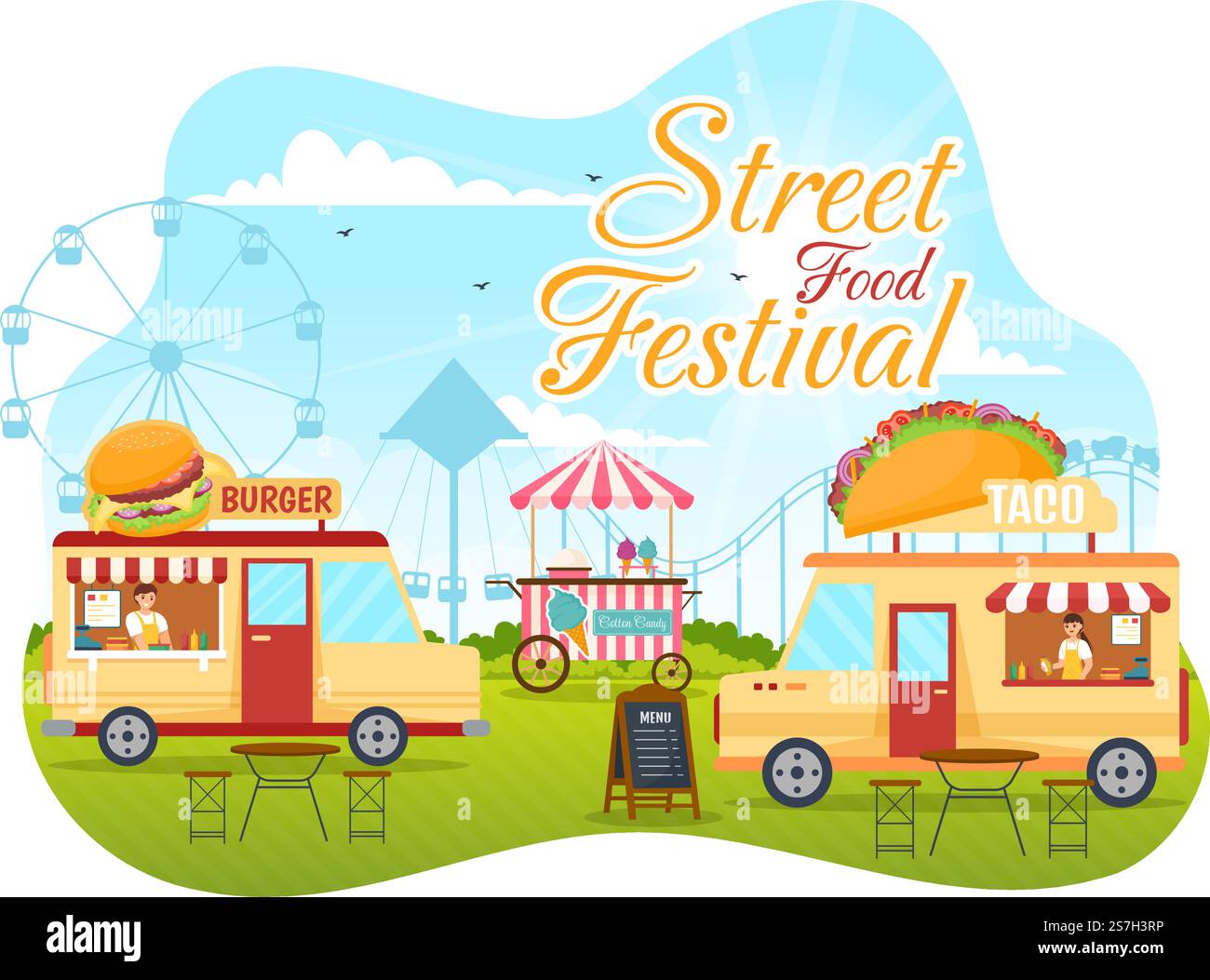 Street Food Festival Event Vector Illustration mit People and Foods Trucks im Summer Outdoor City Park in Flat Cartoon handgezeichnete Vorlagen Stock Vektor