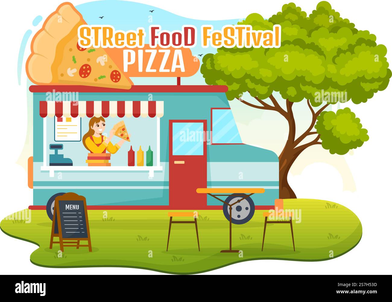Street Food Festival Event Vector Illustration mit People and Foods Trucks im Summer Outdoor City Park in Flat Cartoon handgezeichnete Vorlagen Stock Vektor