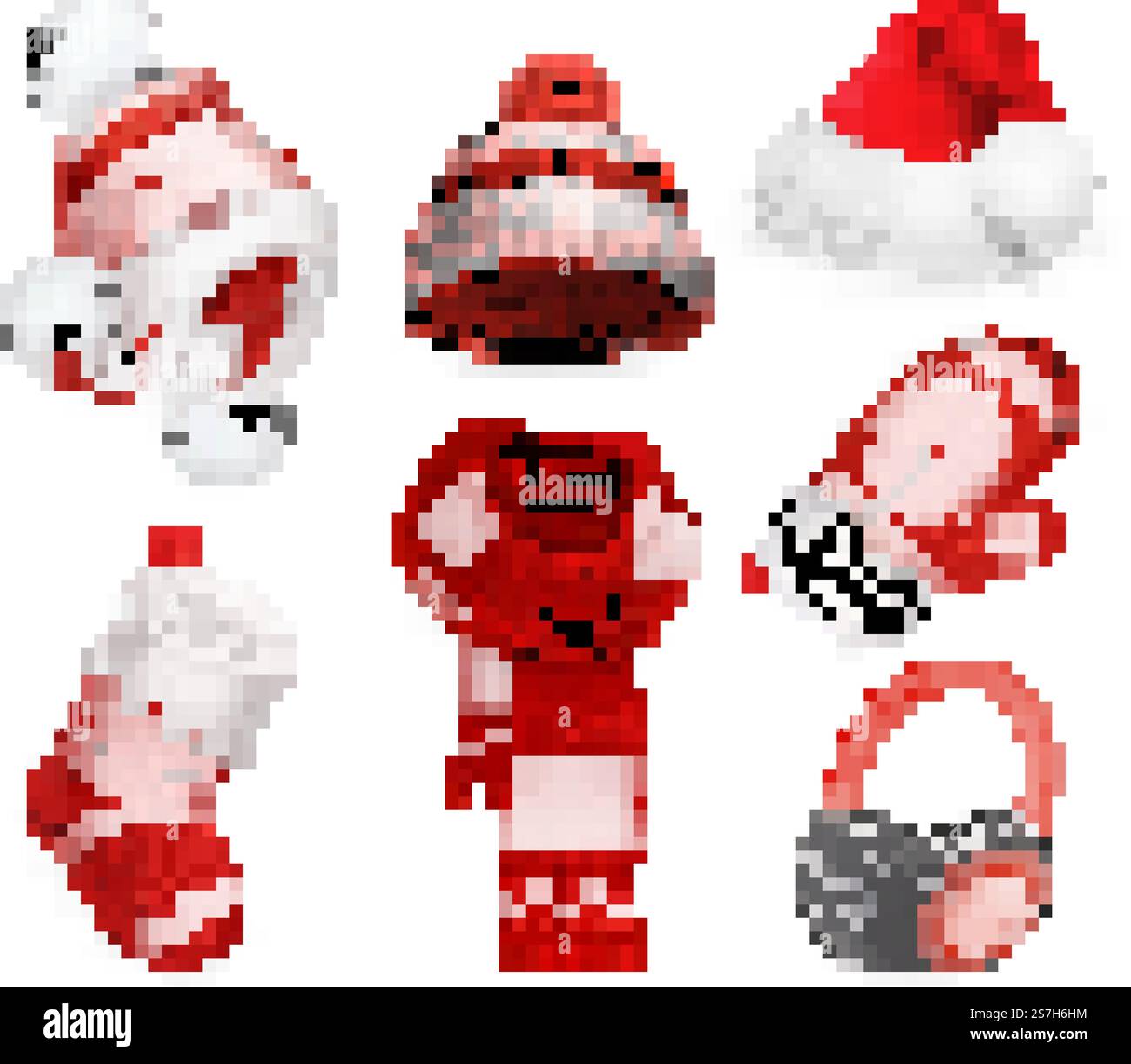 Winterkleidung. Santa Zipfelmütze. Strickmütze. Weihnachtssocke. Schal. Handschuh. Ohrenschützer. 3D Vektor icon Stock Vektor