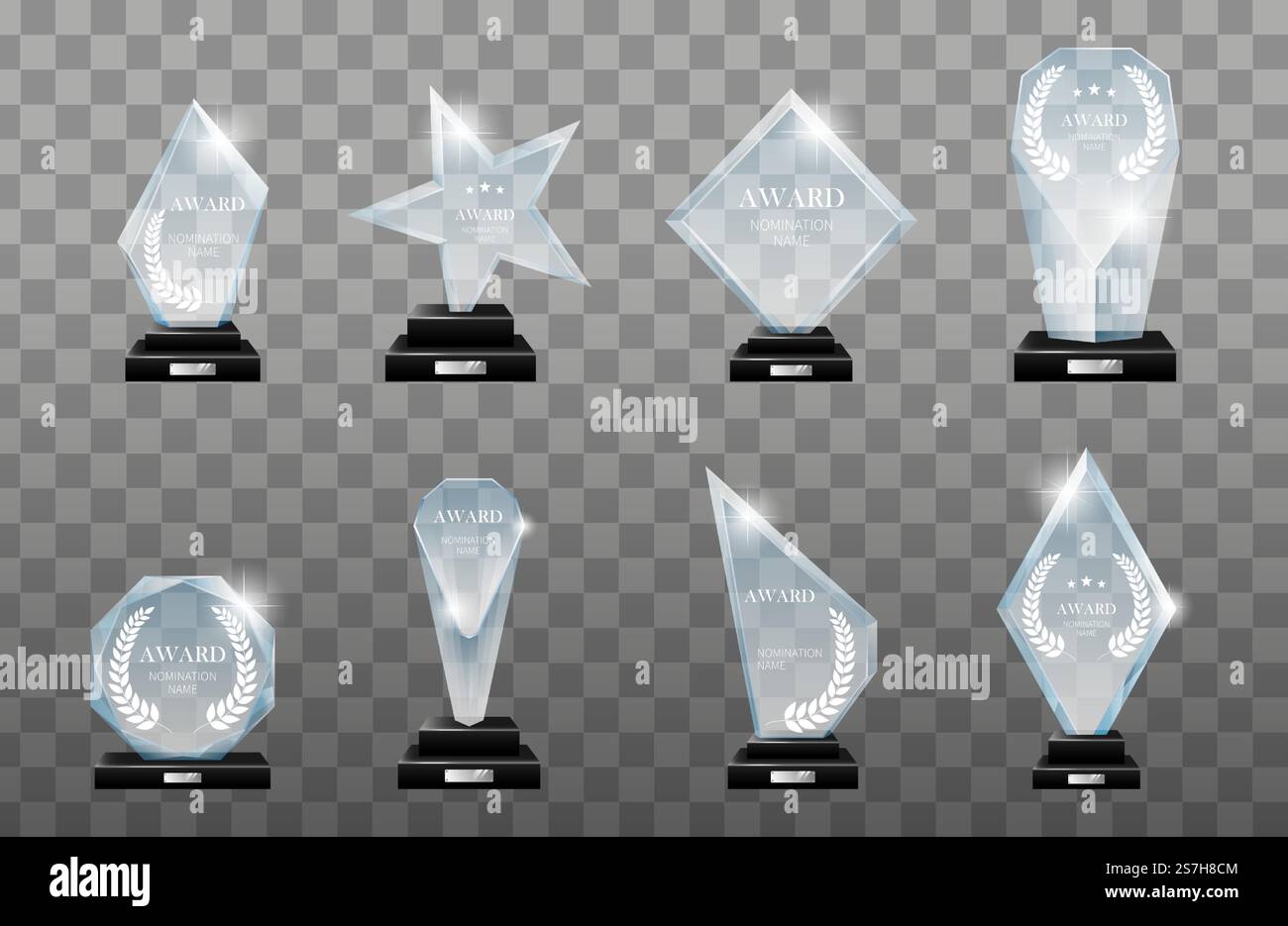 Siegertrophäe aus Glas. Trophy Award Für Glas. Preis für den ersten Platz. Trophäe für Glas, Meisterschaft gewinnt Hochglanzbecher. Realistische isolierte Vektorzeichen gesetzt. Glaspreis Stock Vektor