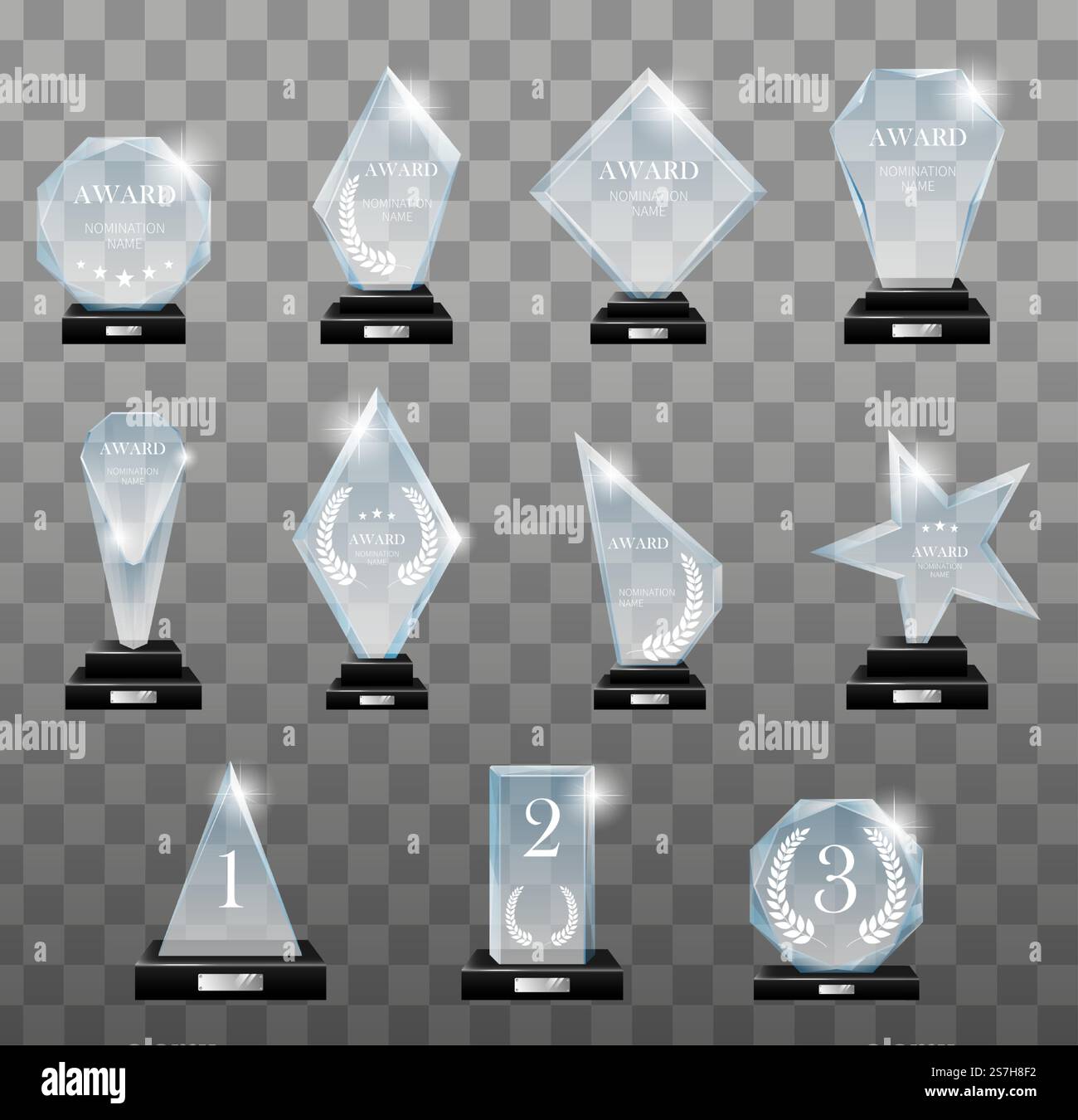 Trophäen-Set aus Glas. Glas Trophäen Plaque graviert Kristall Award realistisch. Vektor-isoliertes Bild beschlagene Kristall Award Designs Form an Bord Sockel für den ausgezeichneten Champion. Glaspreis Stock Vektor