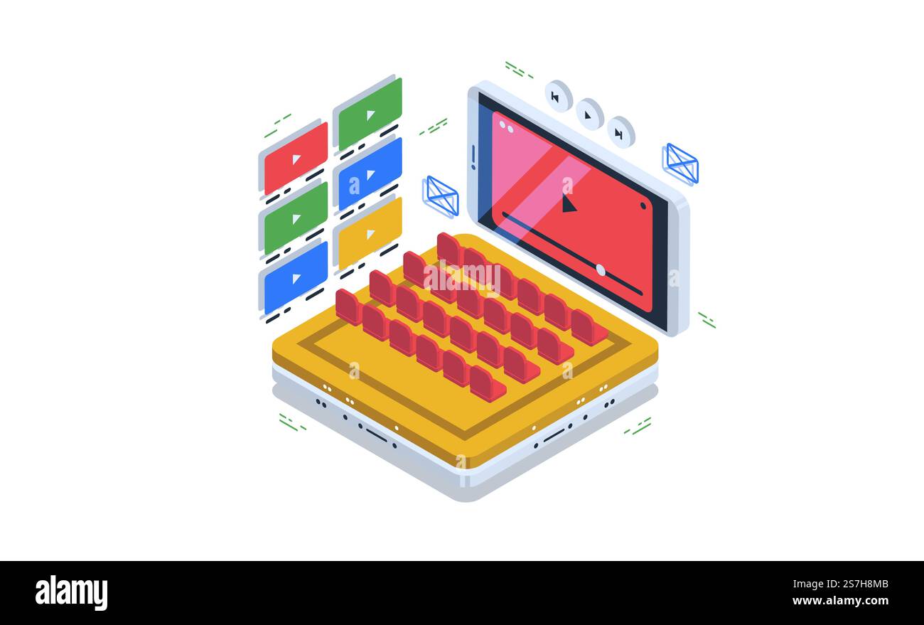 Datenvisualisierungskonzept. Abbildung des isometrischen 3D-Vektors... Sehen Sie sich Online-Videos, Video-Hosting und Zugriff auf Filme in einem Online-Kino an. Datenvisualisierungskonzept. Abbildung des isometrischen 3D-Vektors. Stock Vektor