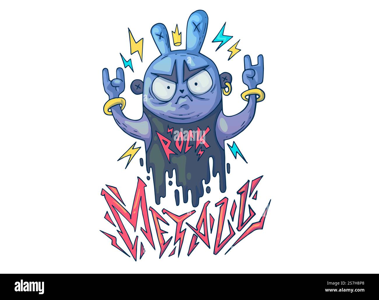 Brutaler Kaninchenmusiker. Kreative Cartoon-Illustration. Bild für Printmedien, Werbung, Anwendungen und T-Shirt-Druck. Stock Vektor