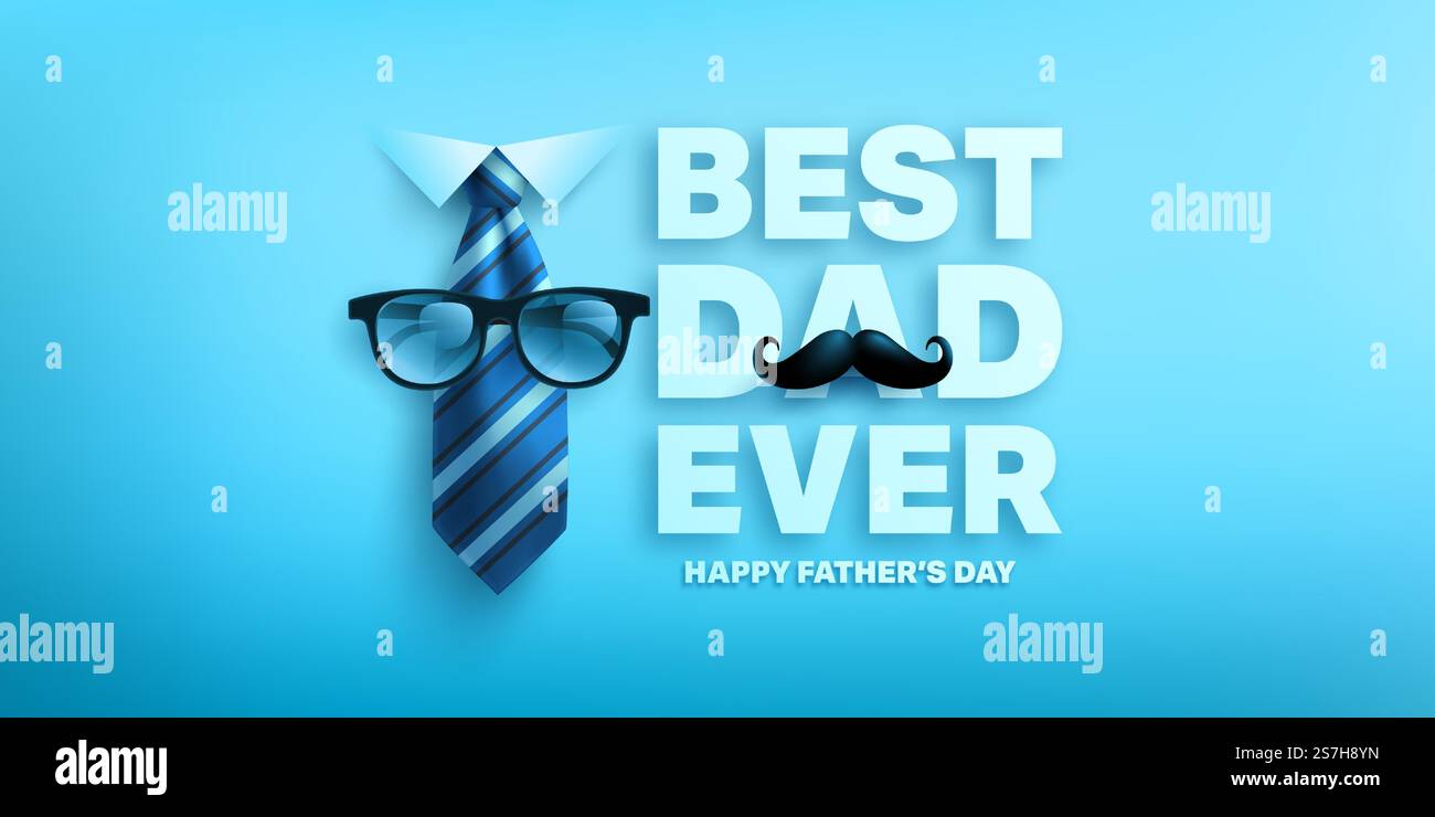 Happy Father&rsquo;s Day Poster oder Bannervorlage mit Krawatte und Brille. Grüße und Geschenke zum Vatertag. Vektorabbildung EPS10 Stock Vektor