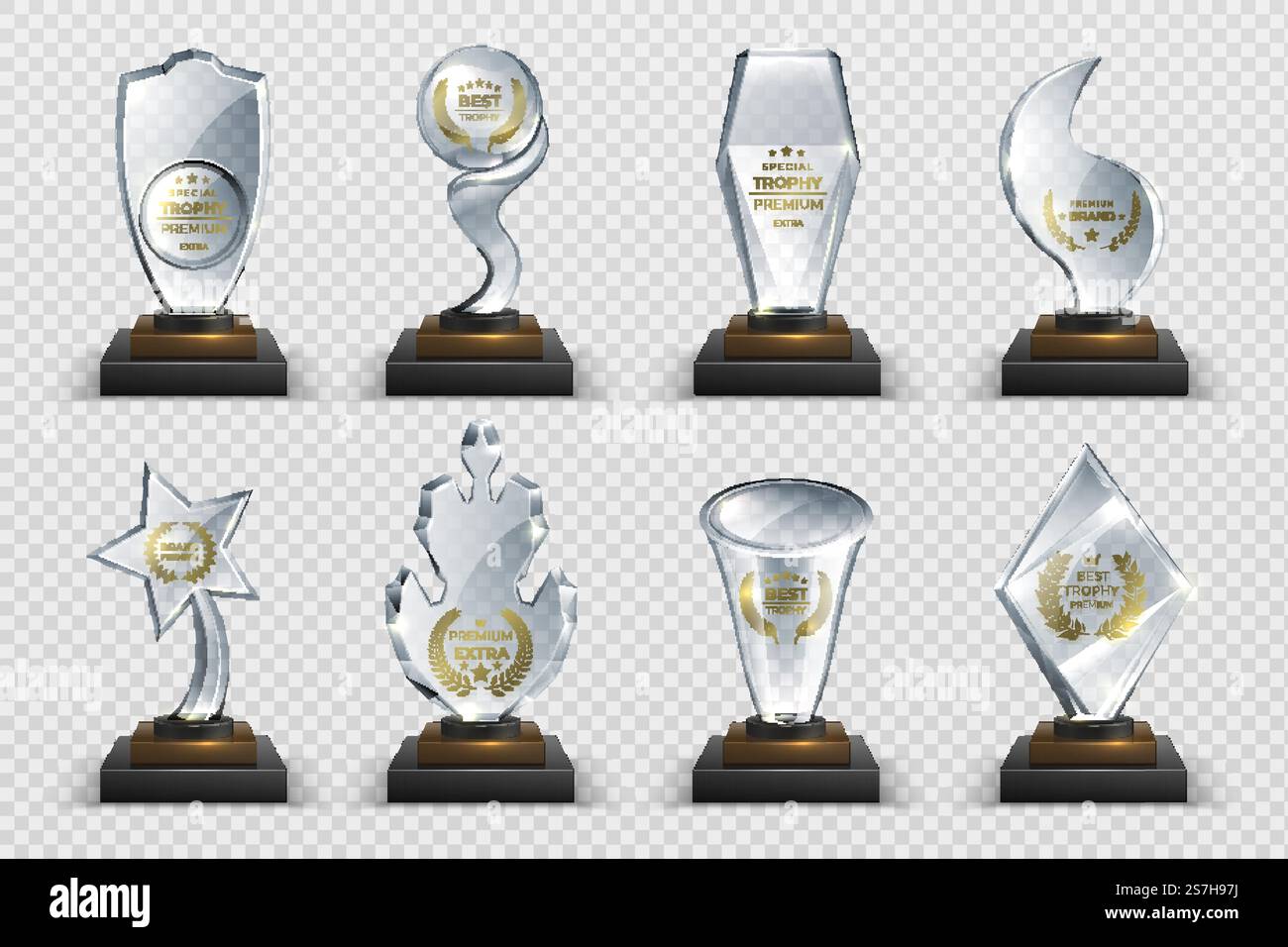 Transparente Trophäen. Realistische Kristallglaspreise mit Text, isolierte Wettbewerbstassen Sterne und Preise. Vektorillustration isolierte Set Acryltrophäen modernes Bild. Transparente Trophäen. Realistische Kristallglaspreise mit Text, isolierte Wettbewerbstassen Sterne und Preise. Vektor-isolierter Satz Stock Vektor