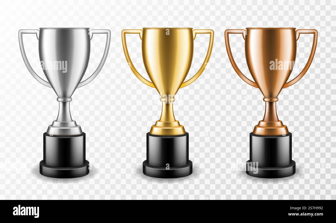 Goldene Silber- und Bronze-Siegerbecher. Glänzende Champion-Trophäe, Zeremonie zur Verleihung des Metallic-Sportpreises. Vector Award Place Set. Goldene Silber- und Bronze-Siegerbecher. Glänzende Champion-Trophäe, Zeremonie zur Verleihung des Metallic-Sportpreises. Vektorsatz Stock Vektor