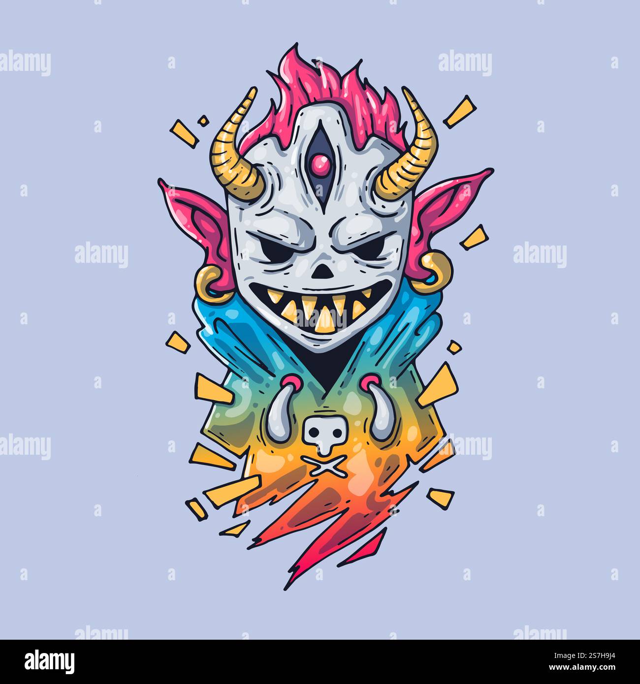 Illustration Des Kreativen Vektors. Zeichentrickkunst für Web und Print... Der Typ mit der gehörnten Maske. Illustration Des Kreativen Vektors. Zeichentrickkunst für Web und Print. Stock Vektor