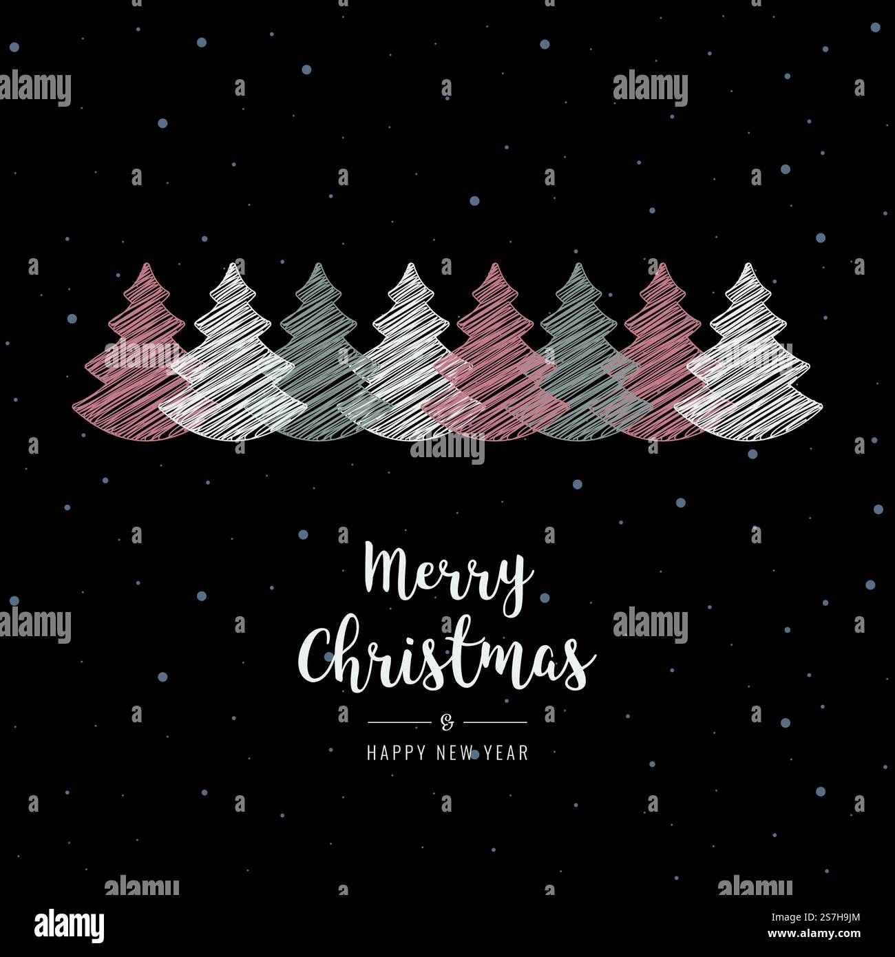 weihnachtsbäume kritzeln Grußzeichnung Rosengold Schneehintergrund Stock Vektor