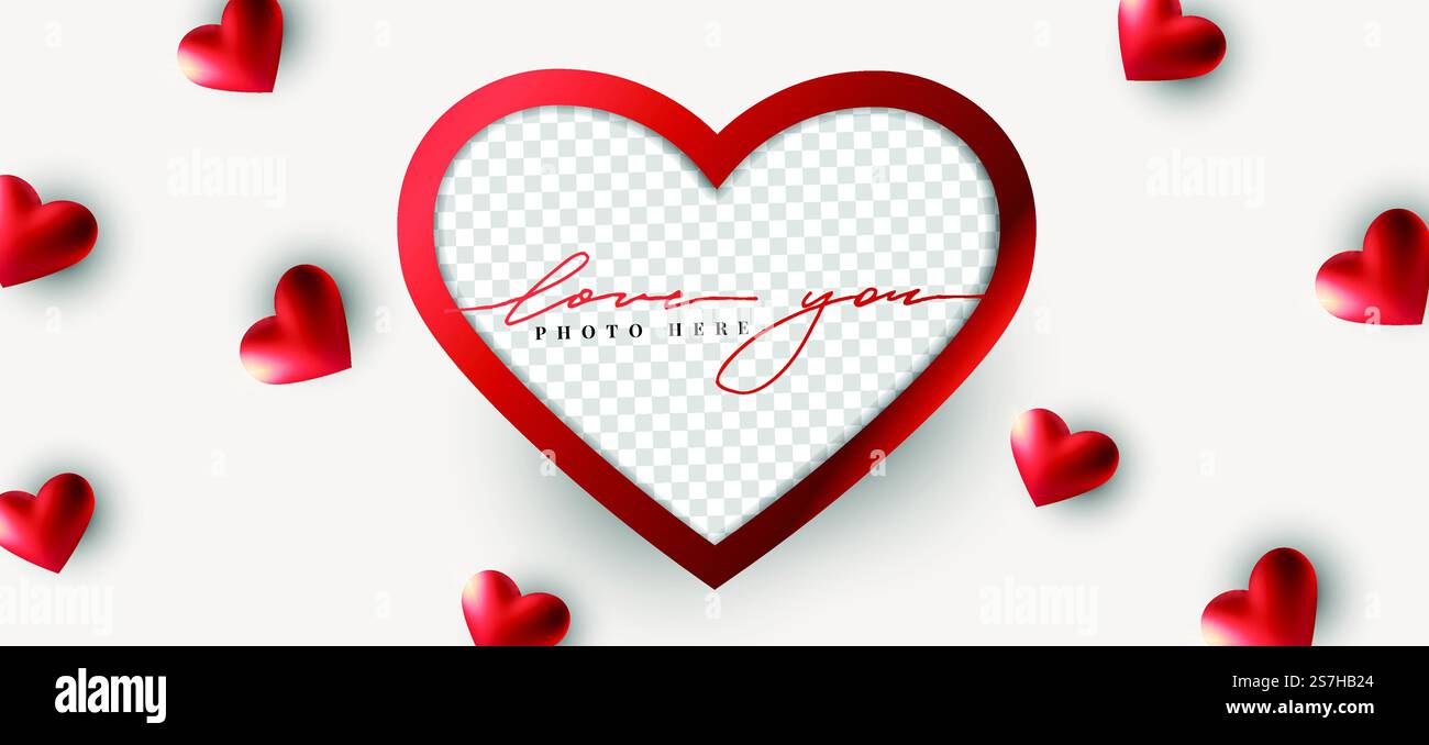Happy Valentine&rsquo;s Day mit einer leeren Vorlage zum Foto. Horizontale Poster, Grußkarten, Kopfzeilen, Website. Stock Vektor