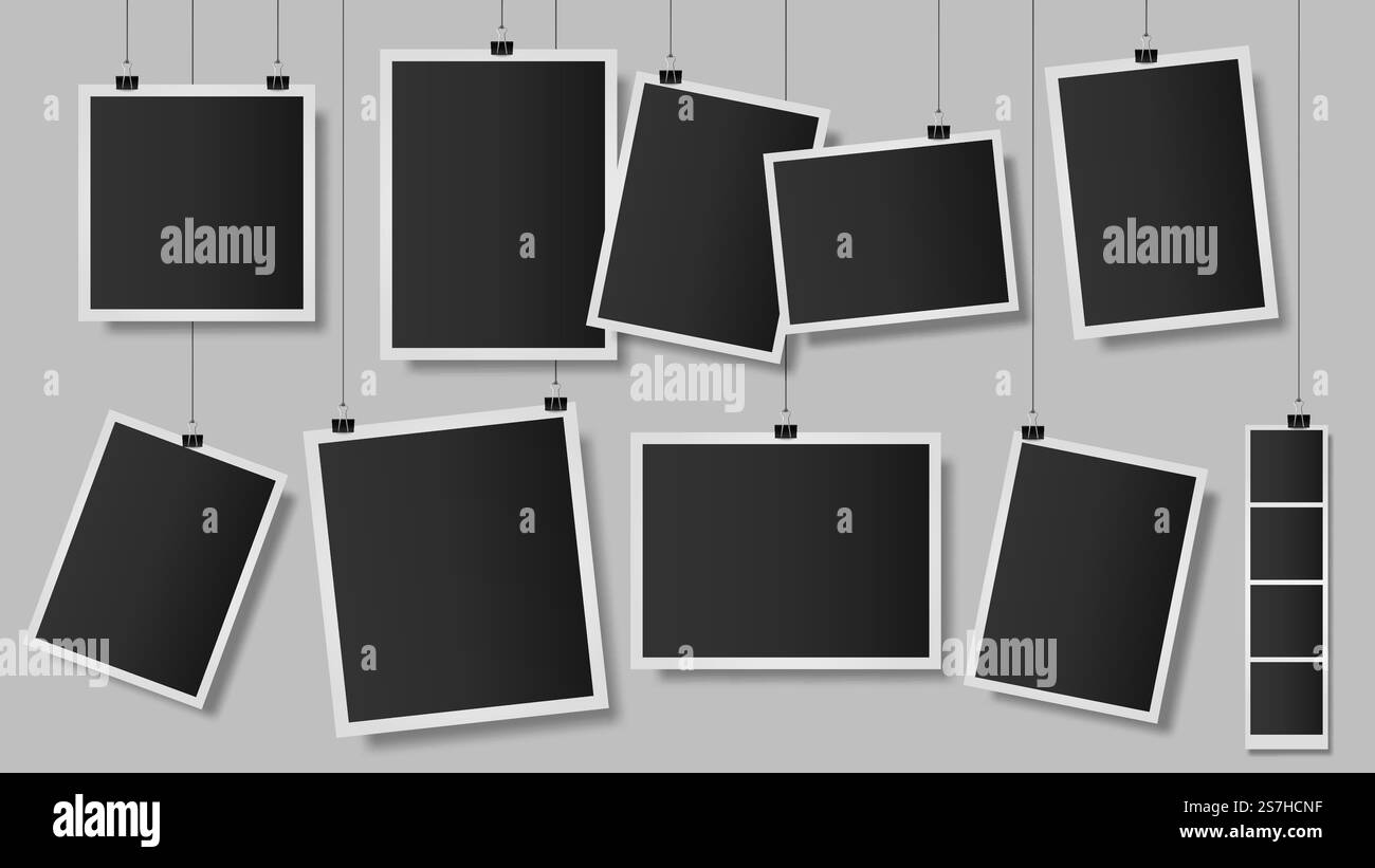 Fotos auf Clips. Fotorahmen an der Wand, leere Vintage-Fotoschablone, hängender Scrapbook-Album-Schnappschuss. Retro-Fotospeicher isolierte Vektorillustration. Speichern Sie Vintage-Bilder. Fotos auf Clips. Fotorahmen an der Wand, leere Vintage-Fotoschablone, hängender Scrapbook-Album-Schnappschuss. Retro-Fotospeicher isolierte Vektorillustration Stock Vektor