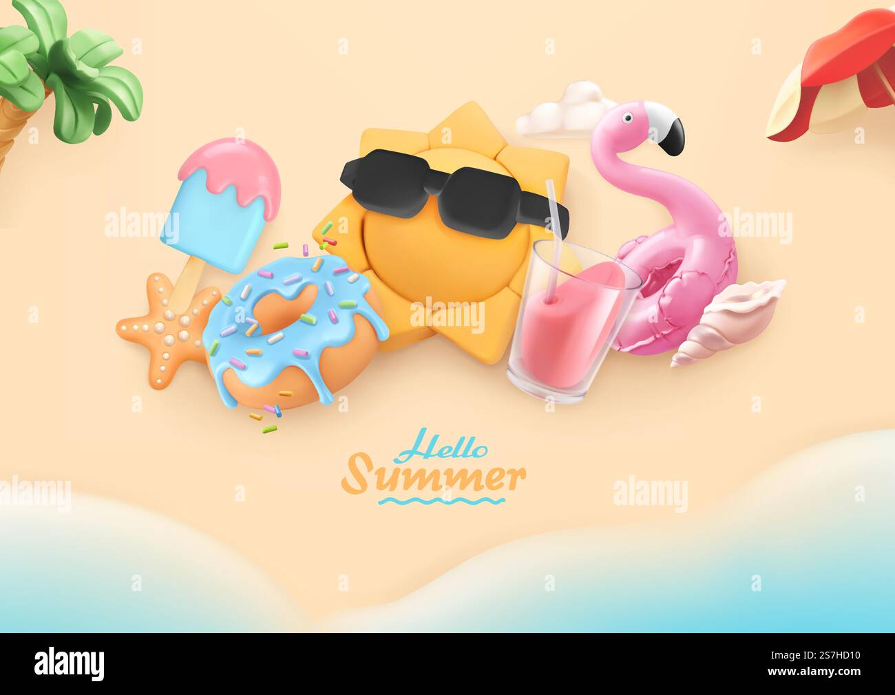 Sommer, Strandurlaub Hintergrund. realistische 3D-Vektordarstellung. Meer, Sonne, Donut, Eis, Cocktail, flamingo-Objekte Stock Vektor