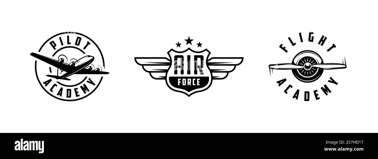 Flugzeugsatz zeigt Beschriftungen und Elemente. Stock Vektor