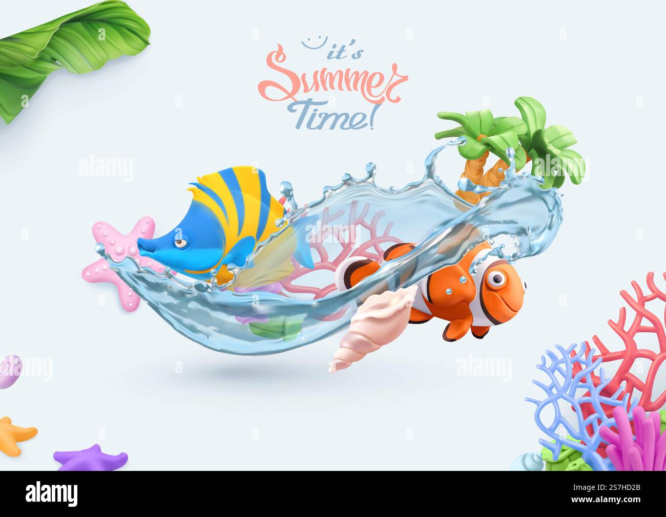 Sommer, Meereshintergrund. realistische 3D-Vektordarstellung. Korallenriff, tropische Fische, Seesterne, Muschelobjekte Stock Vektor