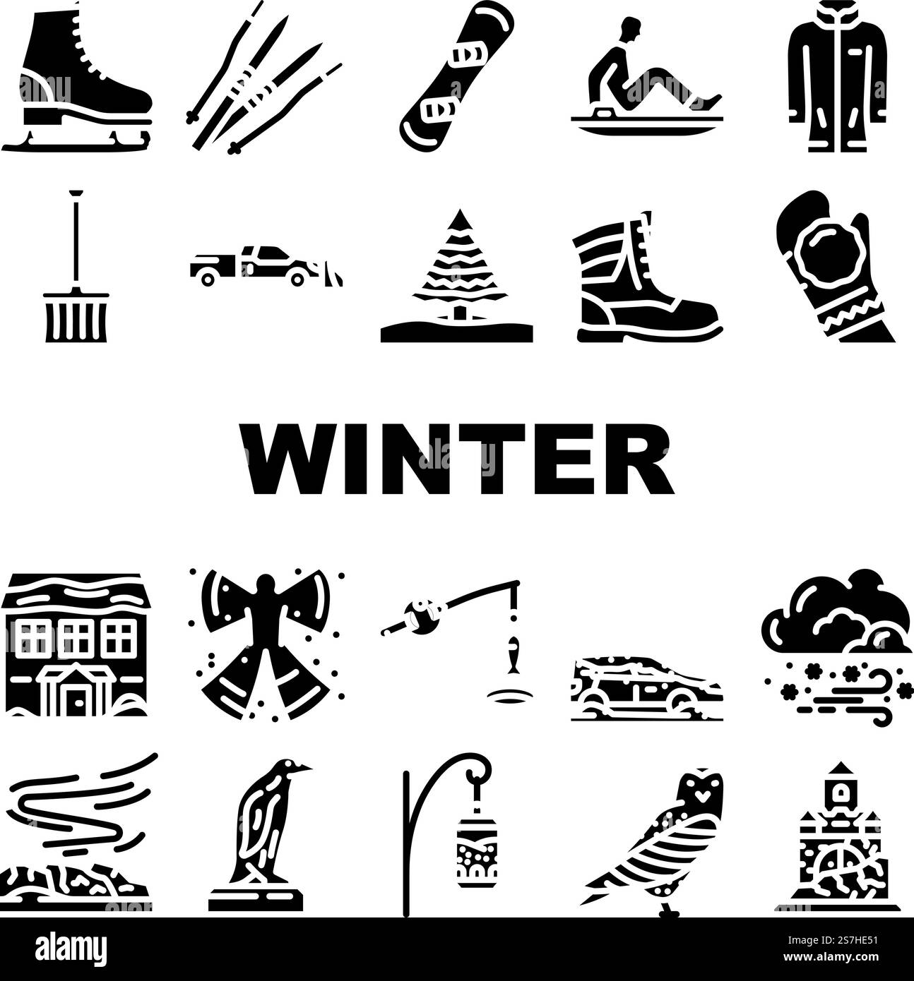 Winter Schneesaison blaue Symbole setzen Vektor. Kalte Landschaft, Weihnachtsschneeflocke, Himmelseis, Wald Natur, Kartenbanner, Baumszene Winter Schneesaison blaue Glyphen Piktogramme. Winter Schneesaison blaue Symbole setzen Vektor Stock Vektor