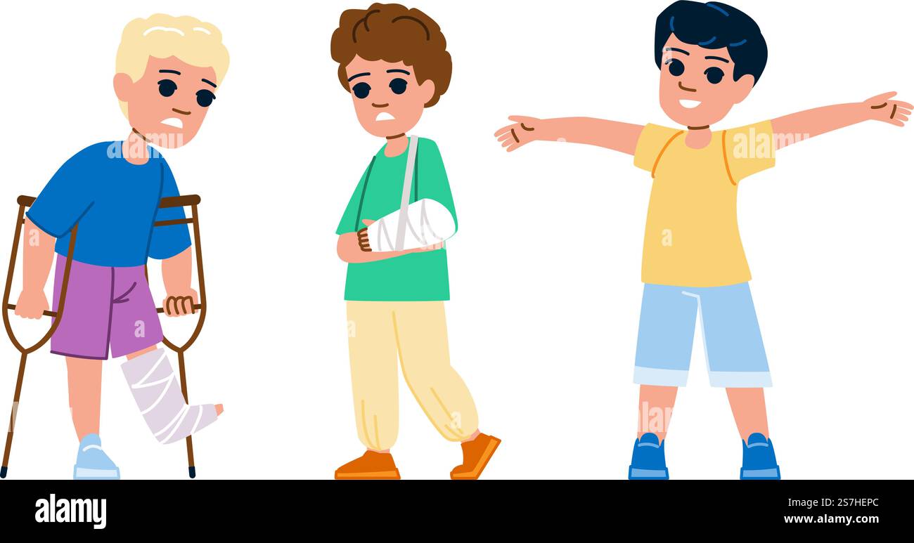 Knochenbruchspender Kid Boy Vektor. Kinderfraktur, Bein verletzt, Armunfall, Fußkrankenhaus, Verletzung Röntgenbild gebrochener Knochen Kind Junge Charakter. Leute flache Zeichentrickgrafik Illustration. Knochenbruchspender Kid Boy Vektor Stock Vektor
