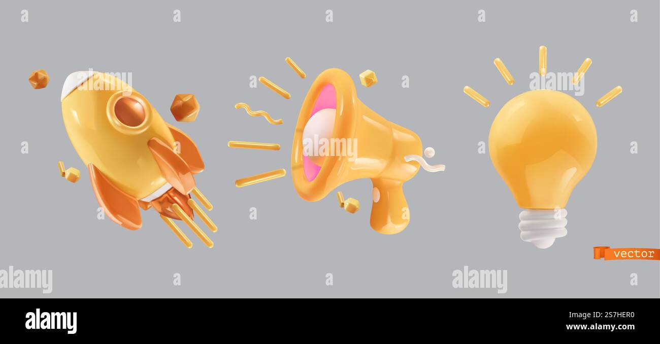Megafon, Rakete, Glühbirne, Vektorsymbol Set 1 Stock Vektor