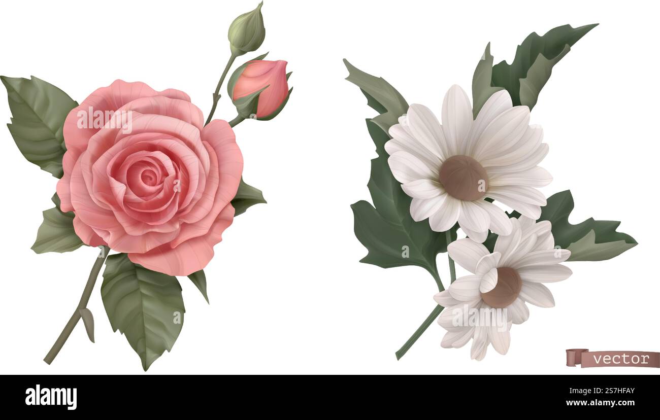 Vintage-Blumen. Rose, Kamille 3D realistische Vektordarstellung Stock Vektor