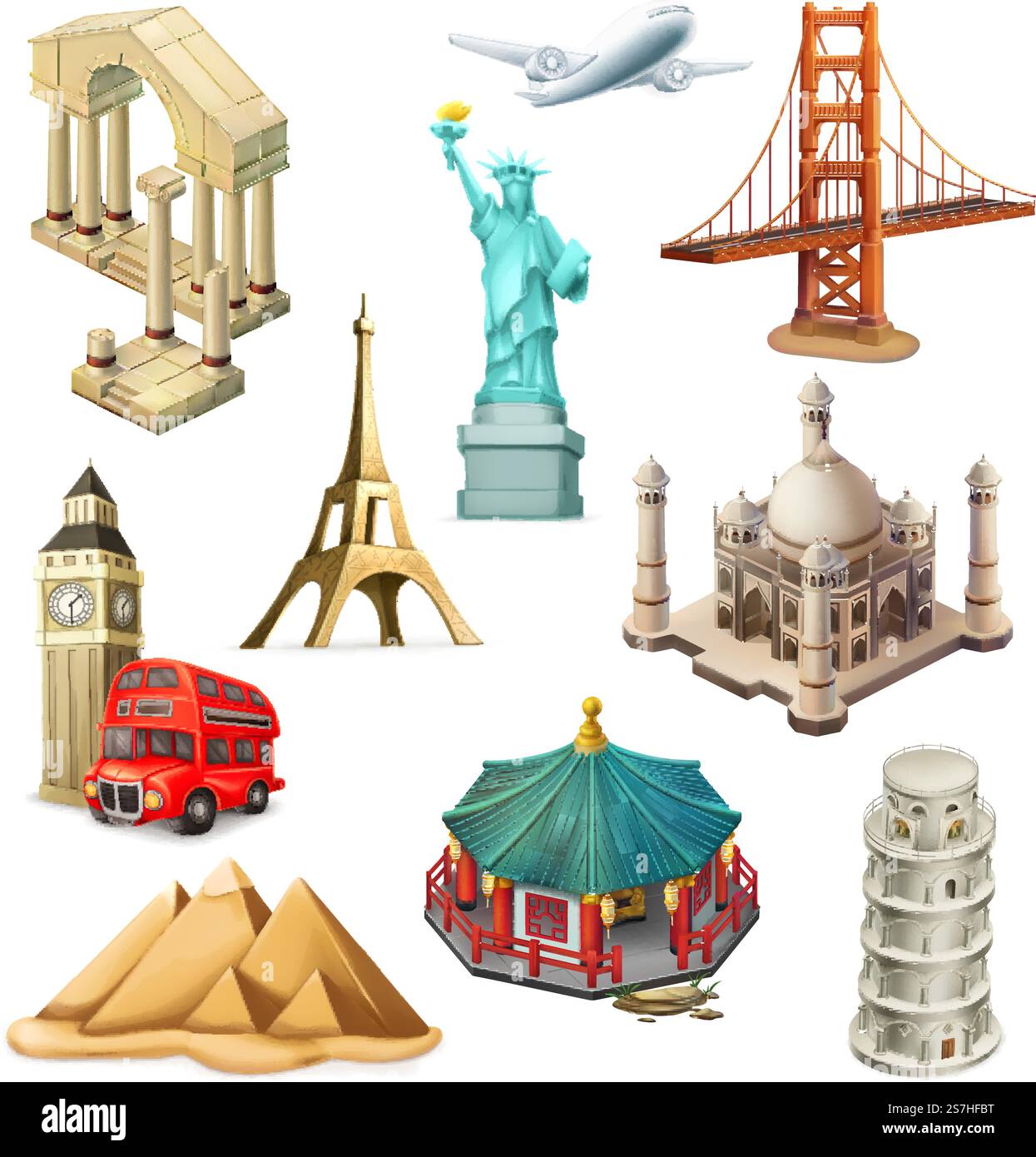 Reisen, Touristenattraktion. 3D-Vektor-Symbolgruppe Stock Vektor