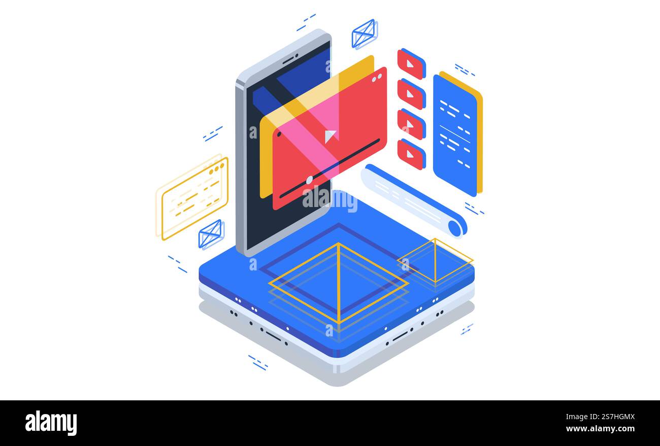 Datenvisualisierungskonzept. Abbildung des isometrischen 3D-Vektors... Sehen Sie sich Online-Videos, Video-Hosting und Zugriff auf Filme über die Anwendung auf Ihrem Smartphone an. Datenvisualisierungskonzept. Abbildung des isometrischen 3D-Vektors. Stock Vektor