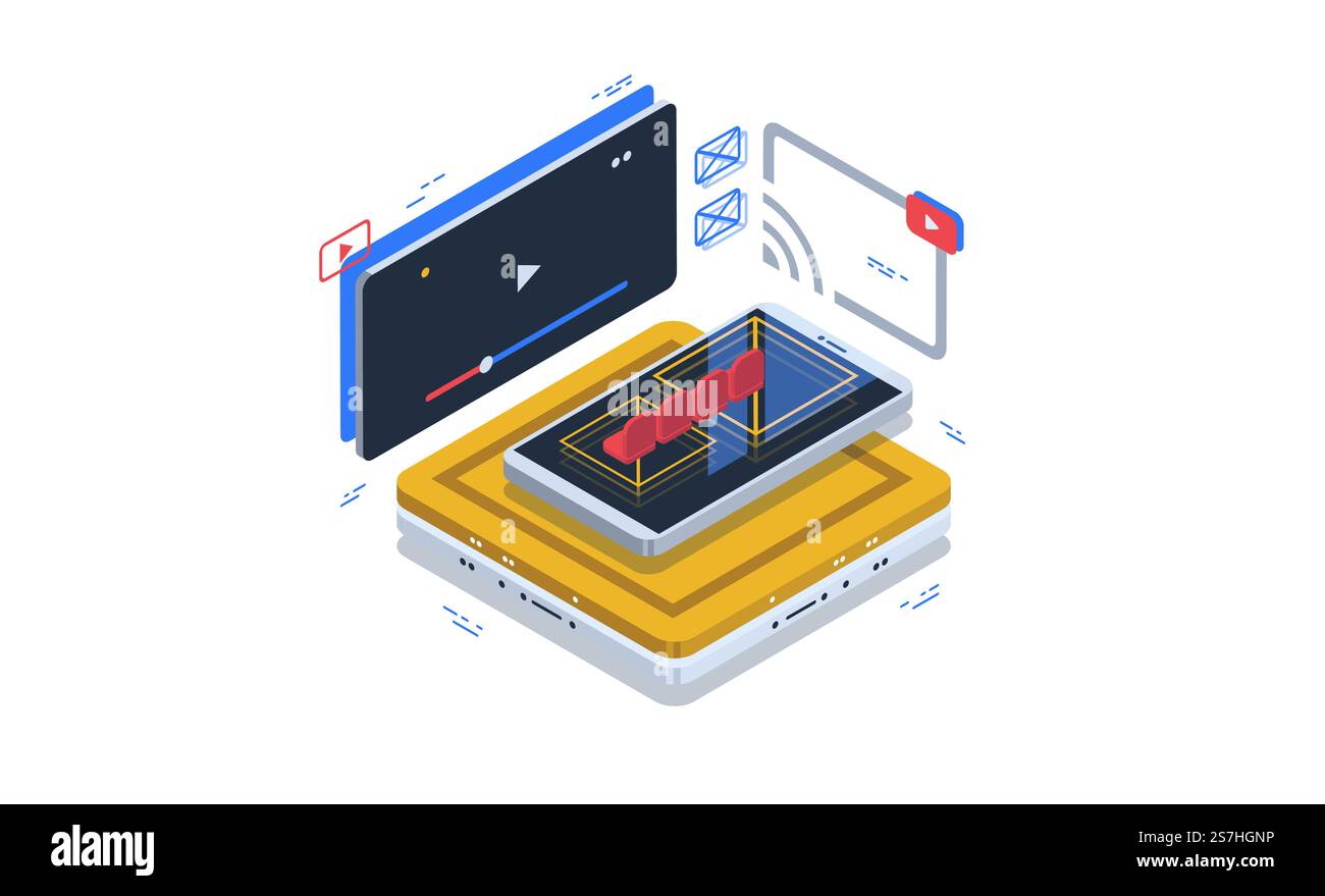 Datenvisualisierungskonzept. Abbildung des isometrischen 3D-Vektors... Sehen Sie sich Online-Videos, Video-Hosting und Zugriff auf Filme in einem Online-Kino an. Datenvisualisierungskonzept. Abbildung des isometrischen 3D-Vektors. Stock Vektor