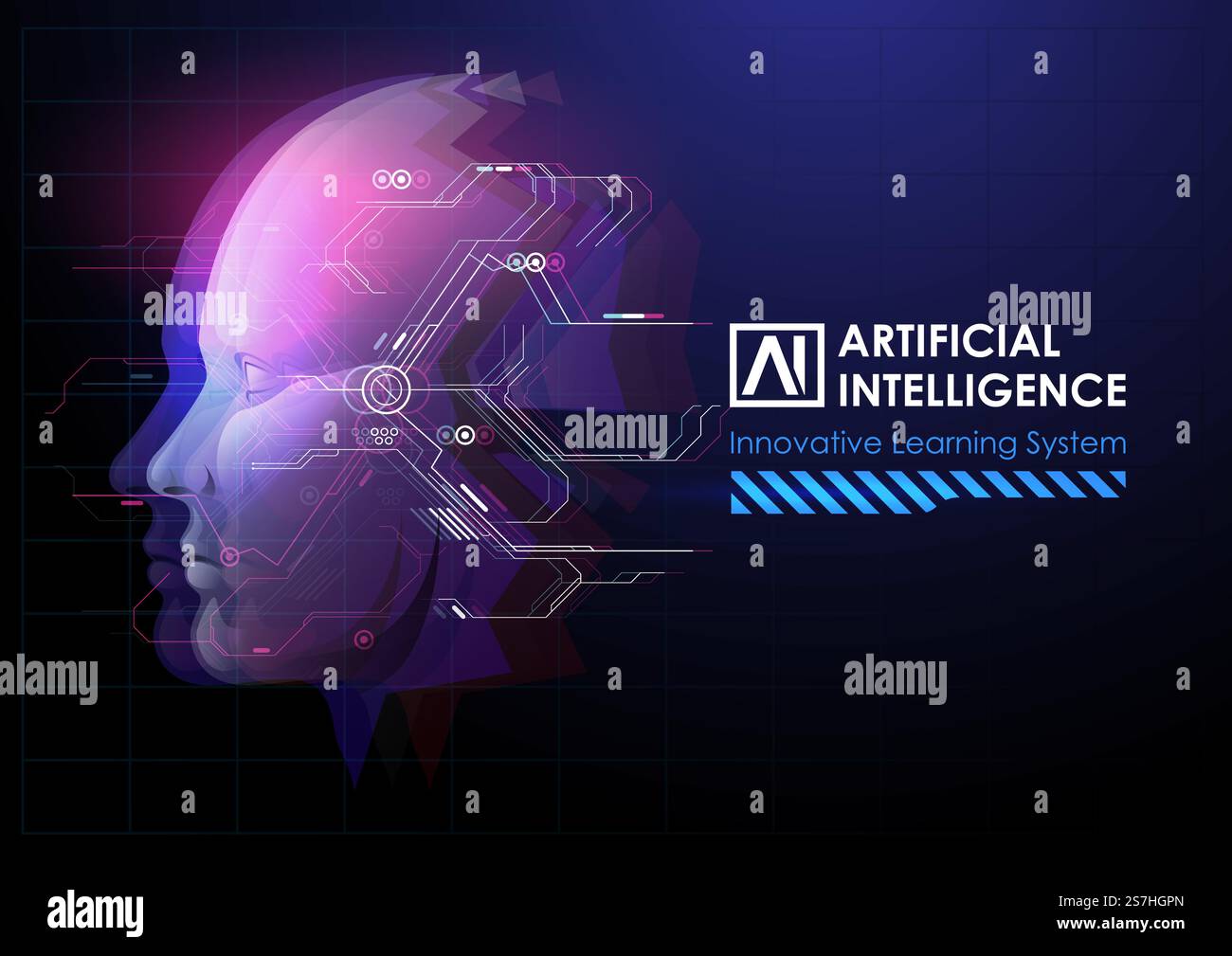 Roboter oder menschliche Kopfverstärkung. Maschinelles Lernen und Cyber-Mind-Domination-Konzept. KI mit Digital Face lernt, Big Data und Analyseinformationen zu verarbeiten. Stock Vektor