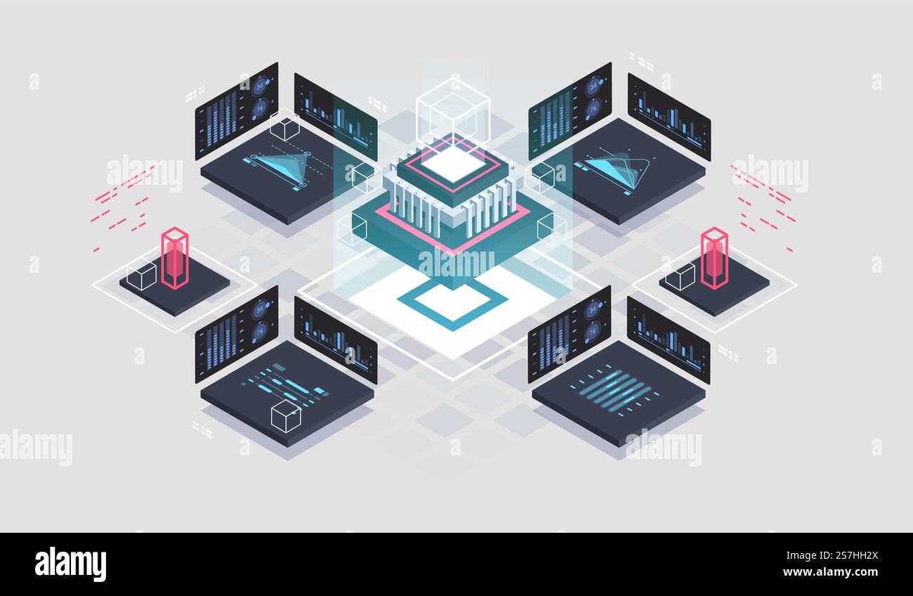 Isometrische Darstellung von Programmierung und Softwareentwicklung. Künstliche Intelligenz automatisierte Verarbeitung von Big Data. Abstrakter Entwicklungsprozess für Codierung. Stock Vektor