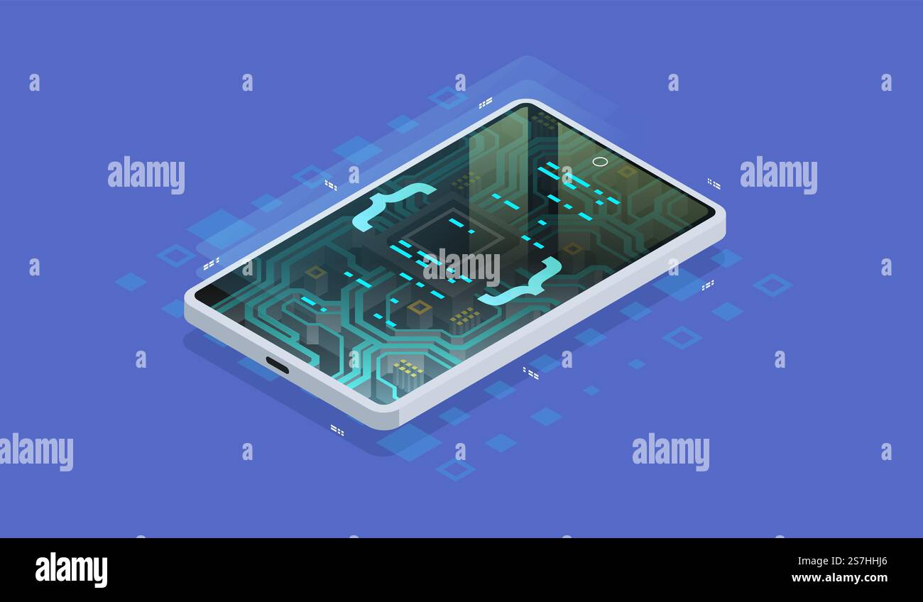 Quantentelefon, Big-Data-Verarbeitung, Datenbankkonzept. Digitaler Chip, moderne Hardware des Smartphones, Isometrische Illustration. Stock Vektor