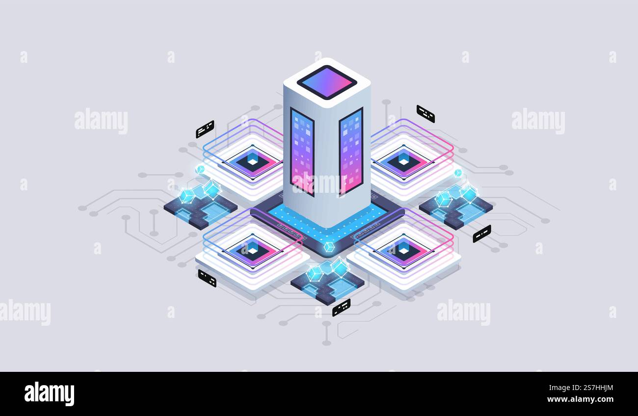 Isometrisches Designkonzept Virtual Reality und Augmented Reality. Softwareentwicklung und -Programmierung. Datenvisualisierungskonzept. Abbildung des isometrischen 3D-Vektors. Stock Vektor