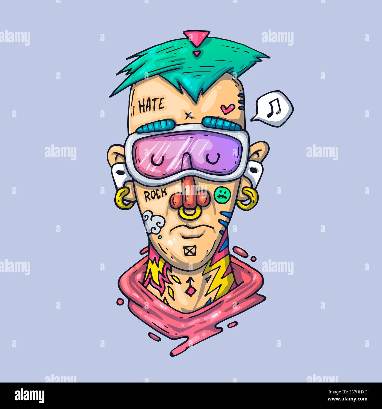 Illustration Des Kreativen Vektors. Zeichentrickkunst für Web und Print... Das Gesicht eines Rappers mit Tattoos. Illustration Des Kreativen Vektors. Zeichentrickkunst für Web und Print. Stock Vektor