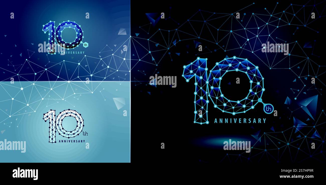 Set mit Logo zum 10. Jahrestag, Logo zum 10. Jahrestag für Feier. Technology Network Connecting Dot Polygon Geometric, abstraktes Connect Dots Tech Number Logo Stock Vektor
