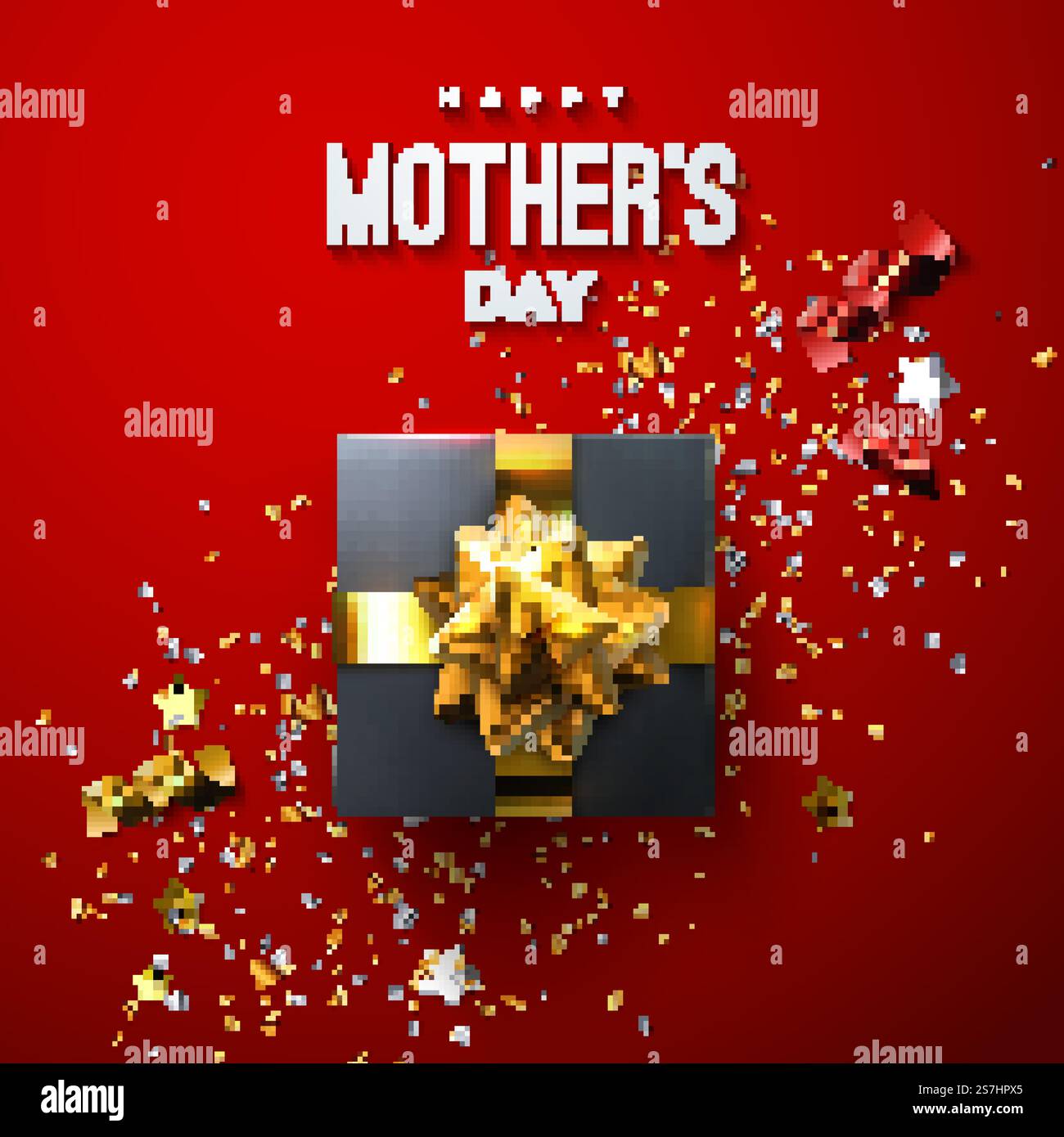 Happy Mothers Day Schild mit schwarzer Geschenkbox und Konfetti. Alles Gute Zum Muttertag. Stock Vektor