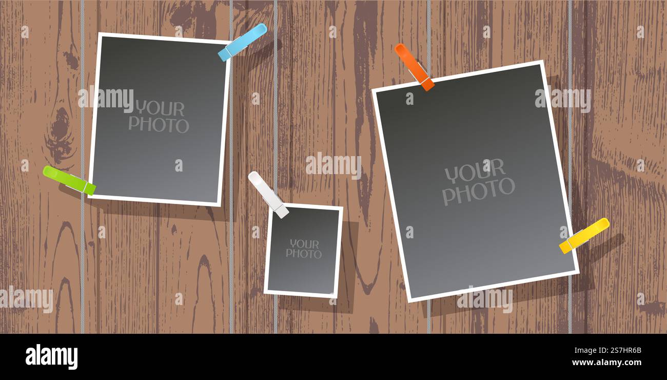 Collage von Bilderrahmen Vektorillustration, Hintergrund. Designelement der strukturierten Wand und Vorlagen zum Einfügen von Fotos und Bildern mit Stiften. Collage von Bilderrahmen Vektorillustration Stock Vektor