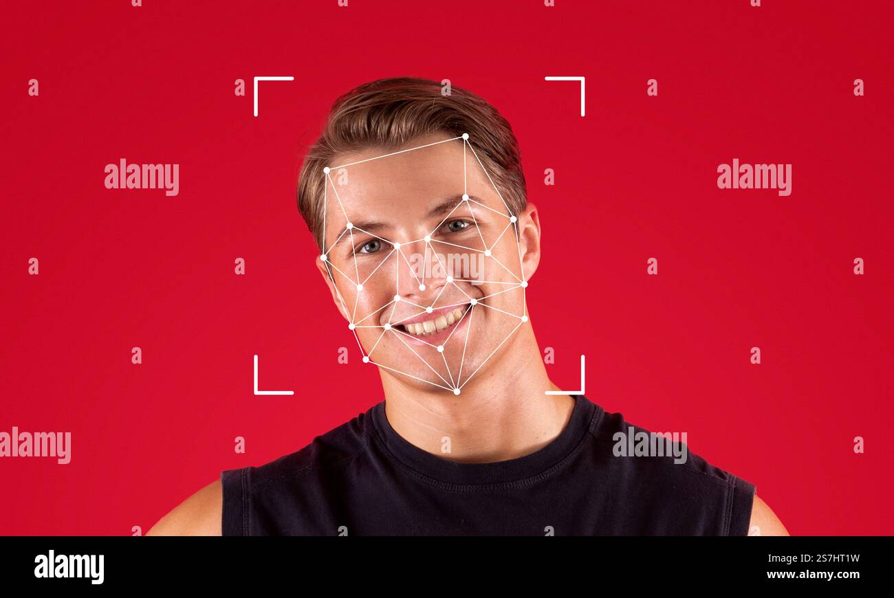 Gesichtserkennungstechnologie mit einer lächelnden Person auf Rot Stockfoto