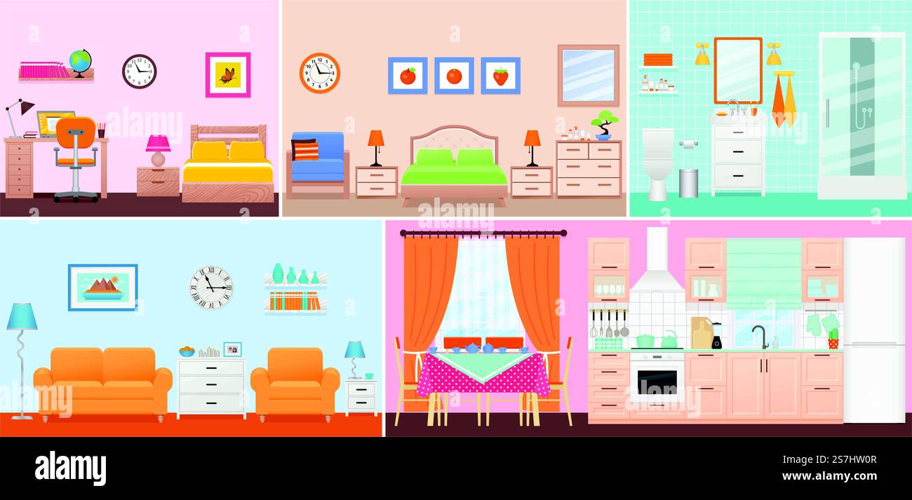 Inneneinrichtung des Zimmers. Vektor. Wohnzimmer, Schlafzimmer, Badezimmer, Kinderzimmer, Esszimmer, Küche in flachem Design. Zuhause innen. Cartoon-Wohnwohnung mit Fenster. Haus Hotelausstattung, Möbel. Abbildung festlegen Stock Vektor