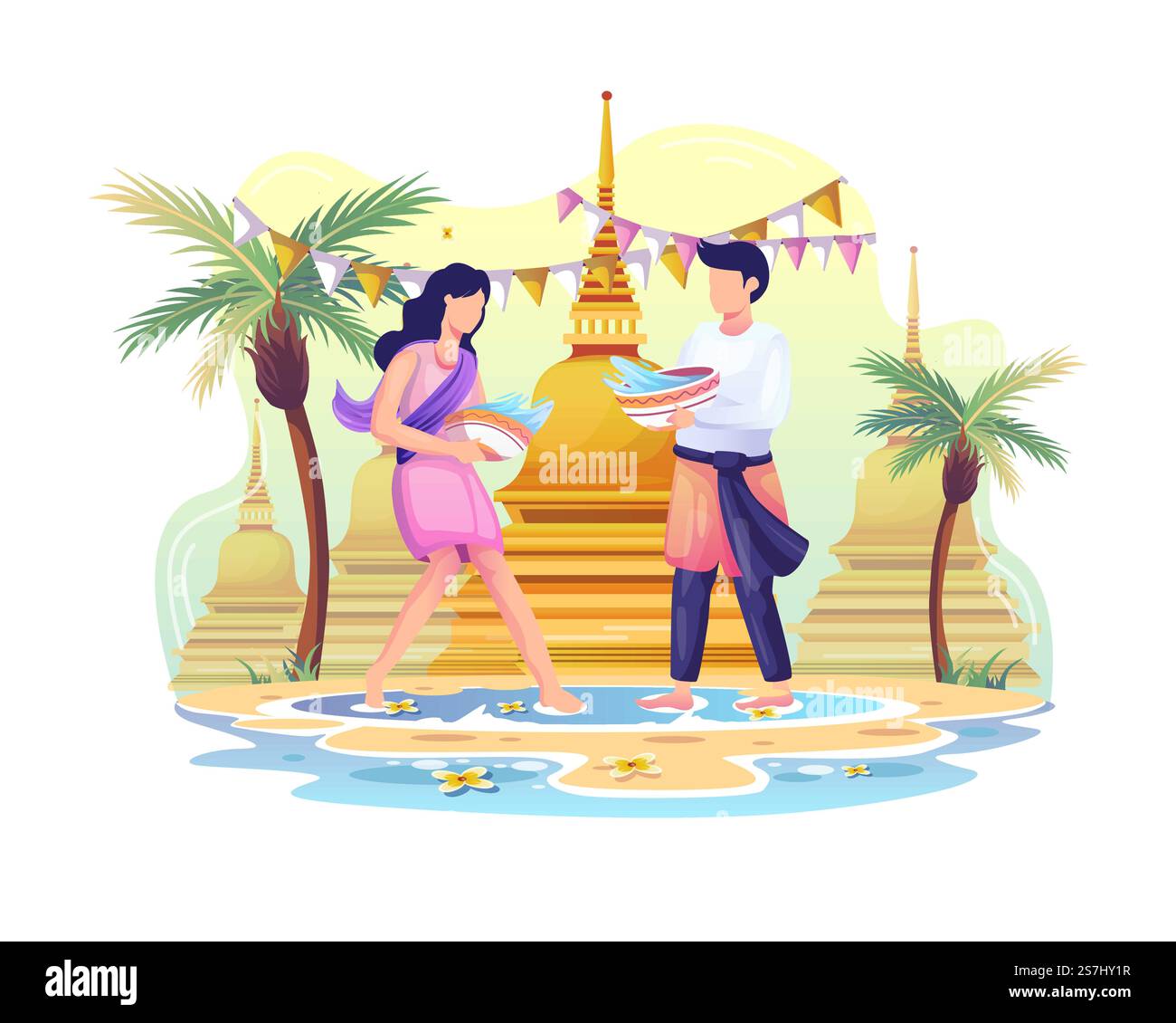 Ein glückliches Paar feiert das Songkran-Festival, indem es sich gegenseitig mit Wasser bespritzt. Vektordarstellung Stock Vektor