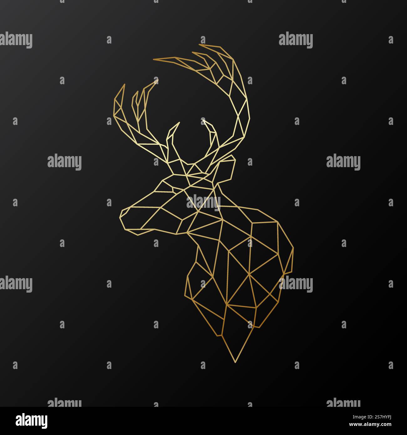 Vektorhirschkopf-Illustration in polygonaler Form. Goldene geometrische Silhouette „Deer“ auf schwarzem Hintergrund. Vektormaskottchen. Stock Vektor