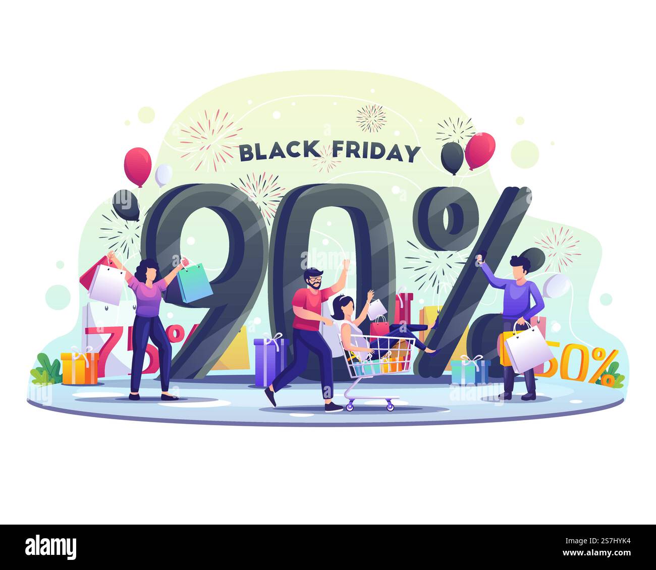 Die Leute kaufen bei der Black Friday Veranstaltung ein, profitieren von großen Rabatten und Weihnachtsangeboten. vektordarstellung Stock Vektor