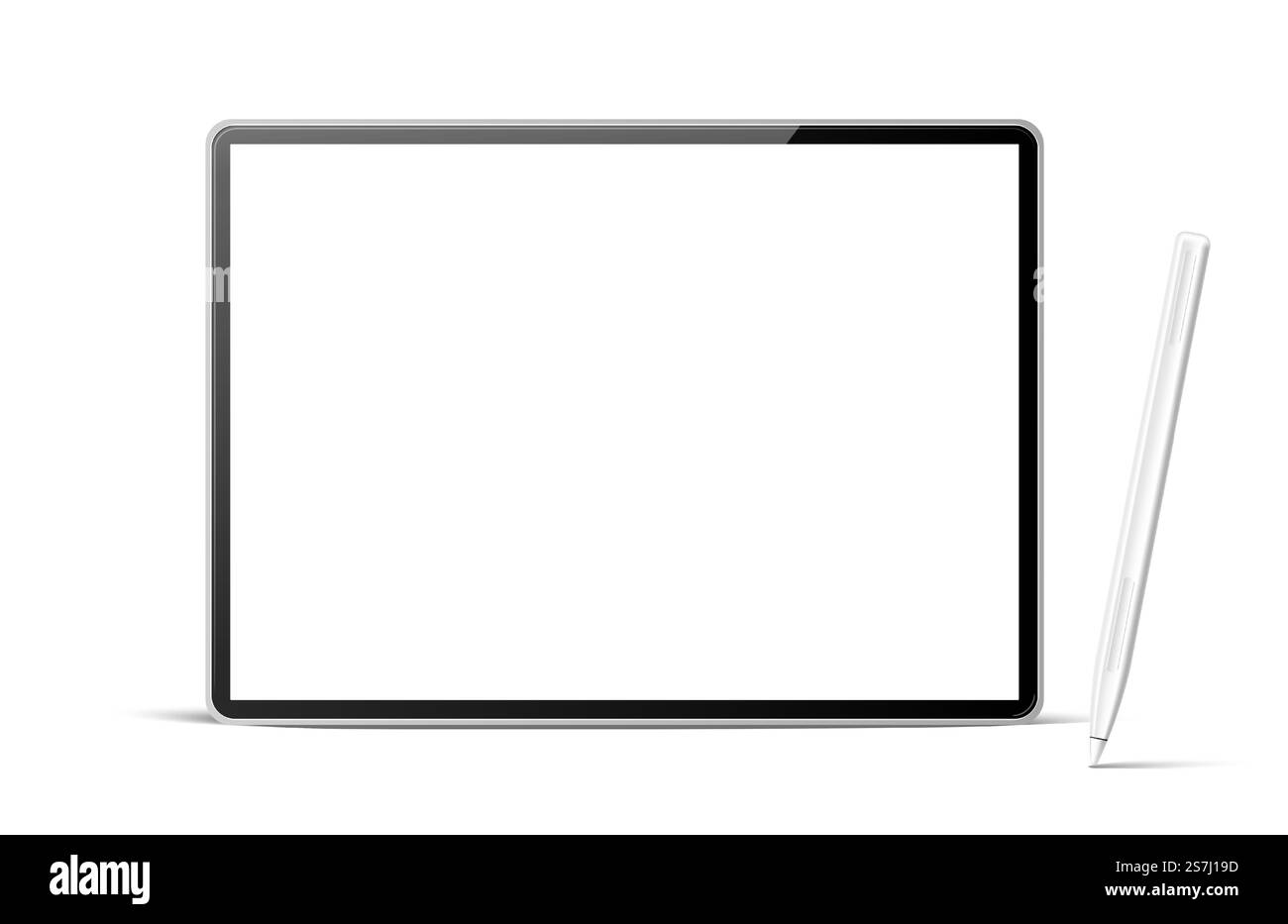 Realistischer Tablet-Computer mit weißem Stift für digitale Kunst und Skizziermockup. Vector blank Tablet-pc mit Eingabestift. Mobiles 3D-Gerät mit Touchscreen. Digitales Multimedia-Gerät mit leerem Bildschirm. Vektor-realistisches Tablet mit Stylus Pen-Modell Stock Vektor